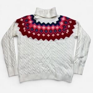Ann Taylor LOFT Cream Fair Isle Cable Knit Turtleneck Sweater Womens Size Small